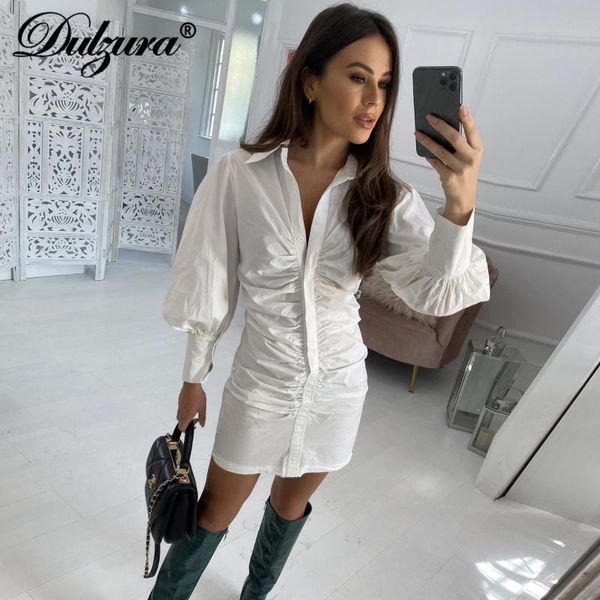 

dulzura ruched women long sleeve shirt mini dress breasted lantern elegant party streetwear 2021 autumn winter office ol casual dresses, Black;gray