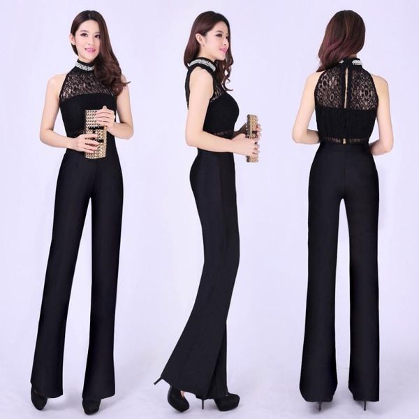 

women's jumpsuits & rompers office lady turtleneck pearls tank jumpsuit sleeveless lace hollow out wide leg one piece bodysuit combinai, Black;white