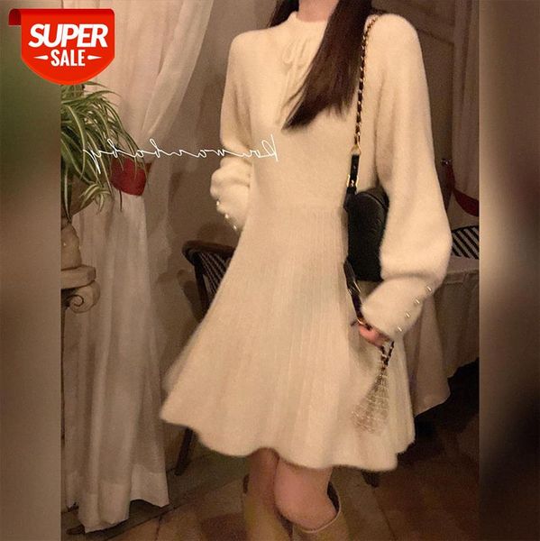 

[otaru first snow] gentle mink-like knitted plush dress mid-length a-line skirt winter #dz3p, White;black