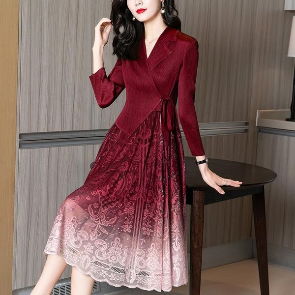 

casual dresses spring fake two pieces neck elegant lace french formal dress women fashion splicing slim temperament pleated 4 color, Black;gray
