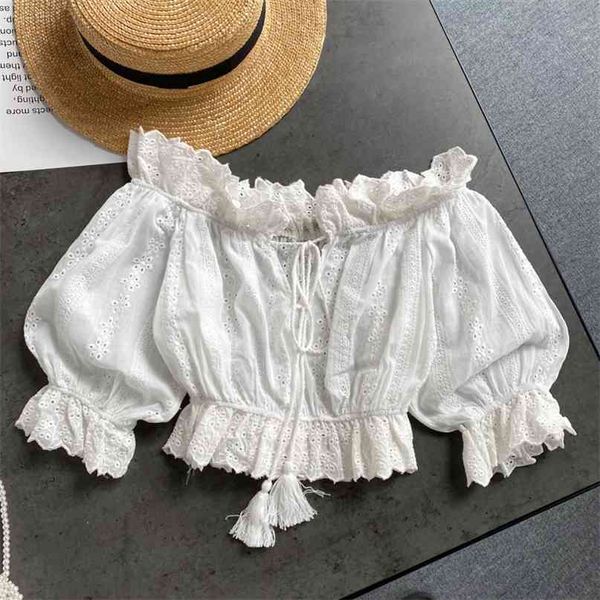 

women fashion retro court wood ear slash neck short sweet sleeve blusones de mujer blouses r877 210527, White
