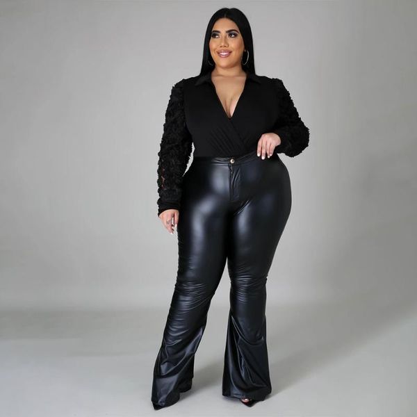 

women's leggings ladies plus size skinny trousers pu leather flared pants solid color fashion high waist mother -5xl, Black