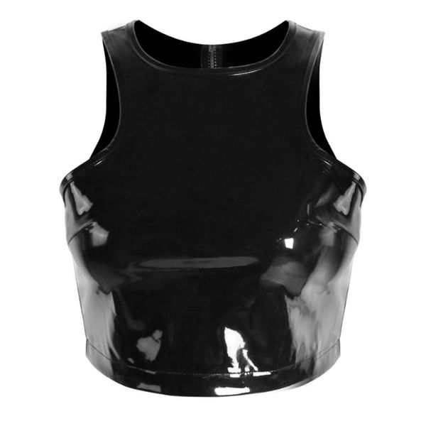 

bras sets exotic tanks women zipper back round neck tank wet look patent leather crop glossy sleeveless t-shirt clubwear, Red;black