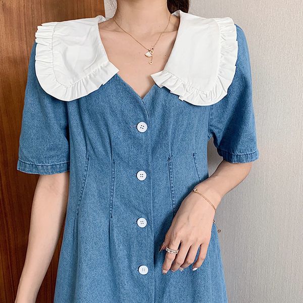 

casual dresses peter pan collar denim women summer loose button up sky blue korean style midi jeans female 7xlo, Black;gray
