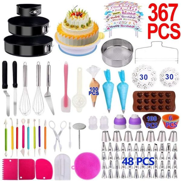 

baking & pastry tools professional 367 pcs set 3 non-stick cake mold 1 non-slip turntable 7 russian nozzle 48 102 bag etc.