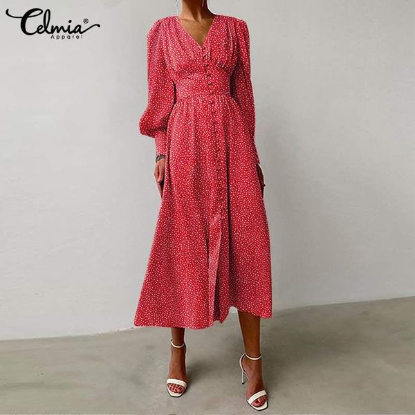 

casual dresses celmia puff long sleeve women robes vintage party waisted midi dress elegant floral print single-breasted v neck female vesti, Black;gray