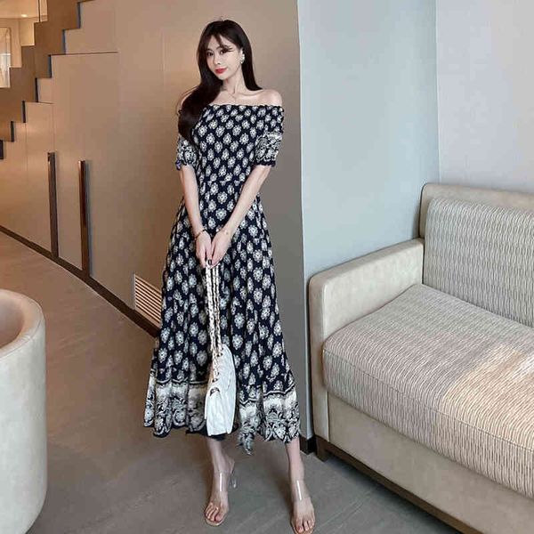 

women summer slash neck short sleeve floral printting long dress high waist beach holiday a line dress 210514, Black;gray