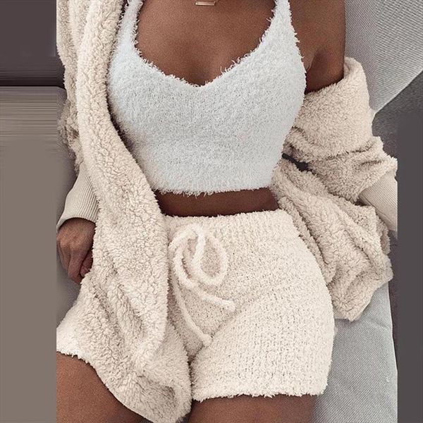 

fluffy plush warm hood womens tracksuits cardigan coat shorts crop tracksuit outfit clothing, Gray