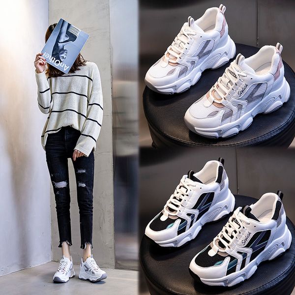 

inner heightening 7.5cm thick soled dad shoes women's spring 2021 sports leather casual single, Black;white