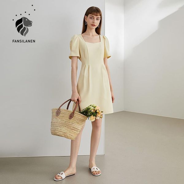 

party dresses fansilanen office lady puff sleeve square neck dress summer 2021 2 girl back hollow light yellow long women, White;black