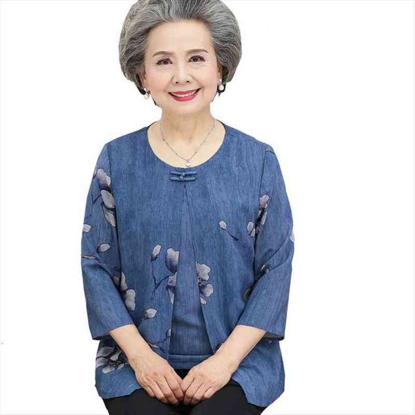 

middle-aged and elderly 50-60-70 year old womens shirts spring summer 3 4 sleeve print plus size blouse coat female, White