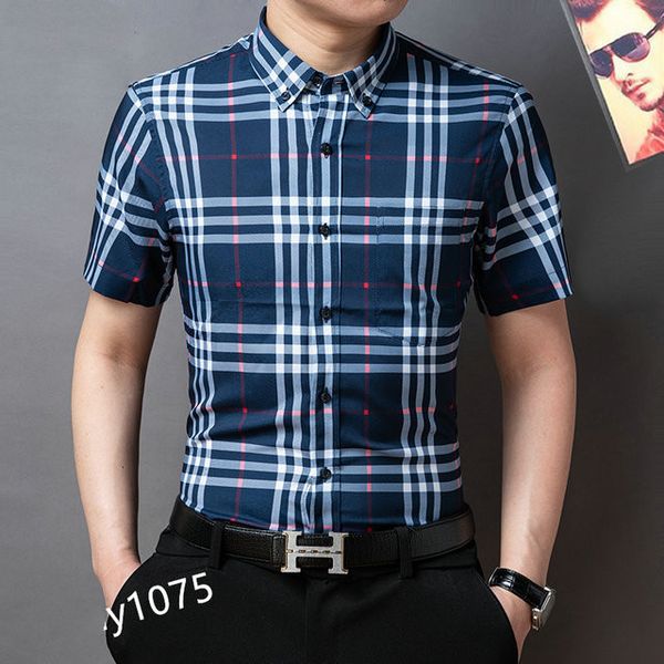 

2021 fashion ironing business short sleeve shirt men's lazy style casual stripe checked size -3xl#02, White;black