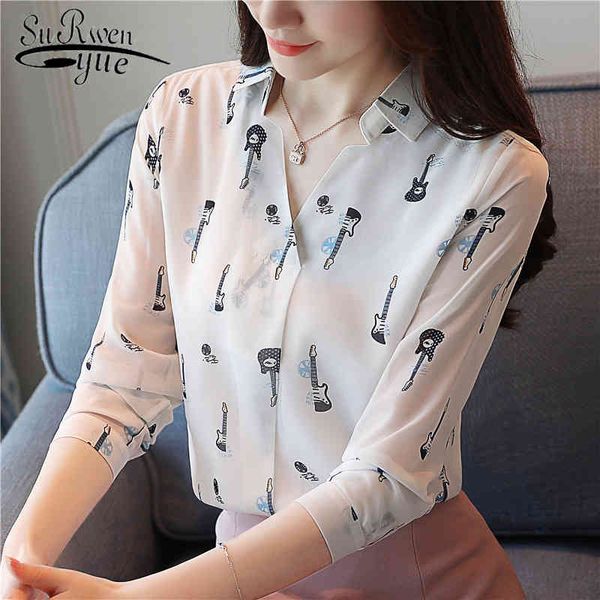 

fashion women and blouses autumn chiffon long sleeve shirts print female clothes vcollar blusas feminine 0864 40 210521, White