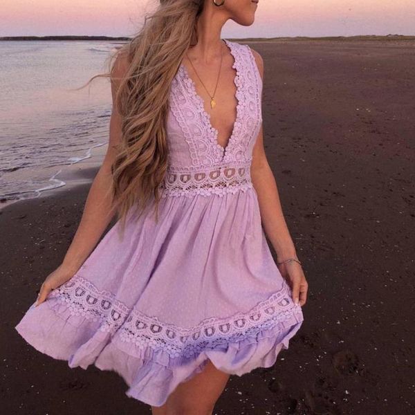 

casual dresses ladies beach mini dress summer floral lace hollow a-line sundress women v-neck high waist backless vestidos party holiday, Black;gray