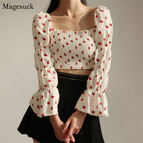 

korean chic print strawberry woman shirt off shoulder puff sleeve vintage blouse women clothes white black slash neck 14369 210512