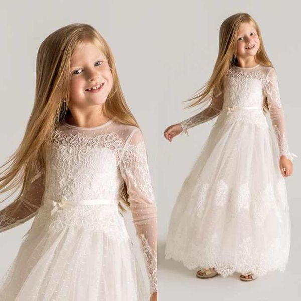 Principessa Sheer Tulle Flower Girls Abiti a maniche lunghe Designer di pizzo su misura Abiti da prima comunione Appliques Ultimo designer