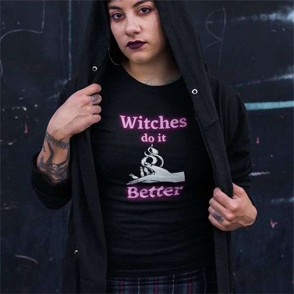 

witches do it better tshirt women's letter printed grunge aesthetic graphic dark halloween shirt fashion edgy wiccan clothes 210518, White