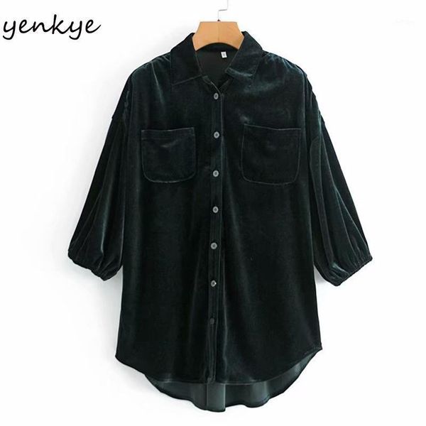 

fashion women solid color velvet blouse shirt female lapel collar pockets vintage oversize long blouses winter shirts women's &, White