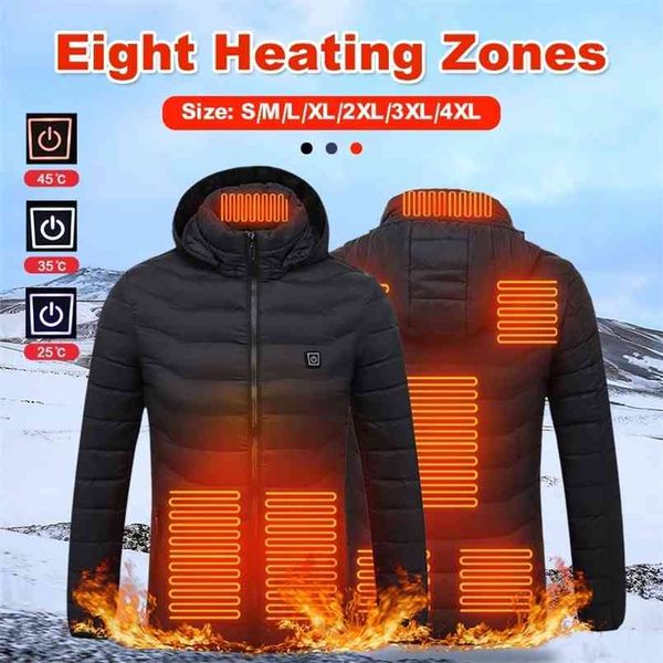 

usb electric heating jacket 8 areas heating vest long sleeve heating coat thermal washable gilet homme manche longue 210821, Black