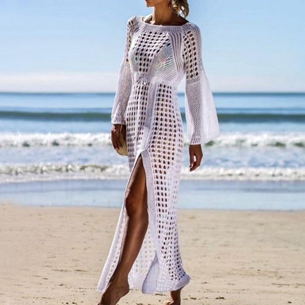 

women's swimwear women crochet tunic beach dress high split ladies cover-up summer beachwear hollow out knitted swimsuit cover up 2021, White;black