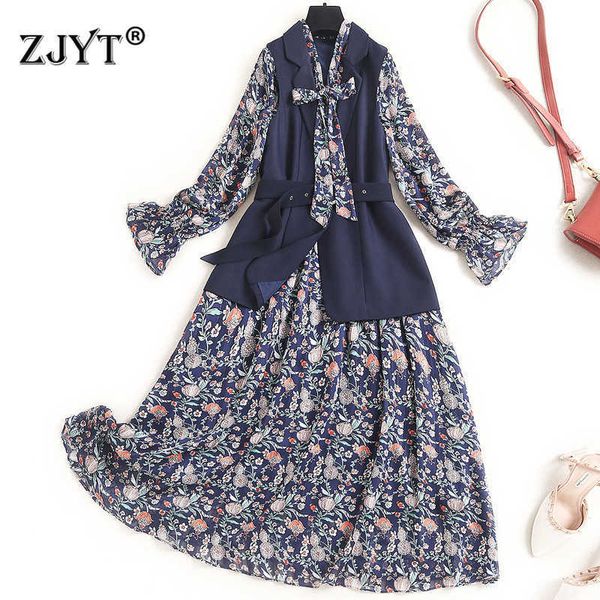 

spring fashion designers bow collar flare sleeve print chiffon dress 2 piece suit woman clothes vintage office vestidos 210601, Black;gray