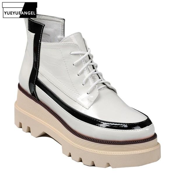 

lace up mixed colors england style ankle boots women genuine leather white platform warm lady preppy high-shoes, Black