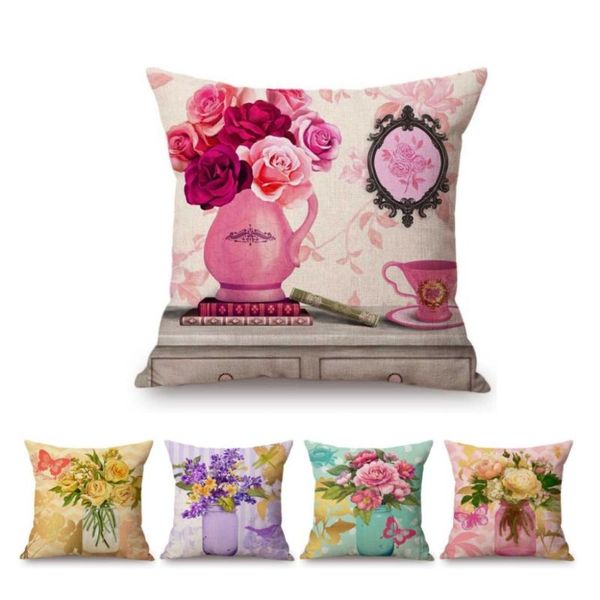 

flower butterfly with jar vase oil painting vintage luxury decorative sofa throw pillow case cotton linen chair cushion cover cushion/decora