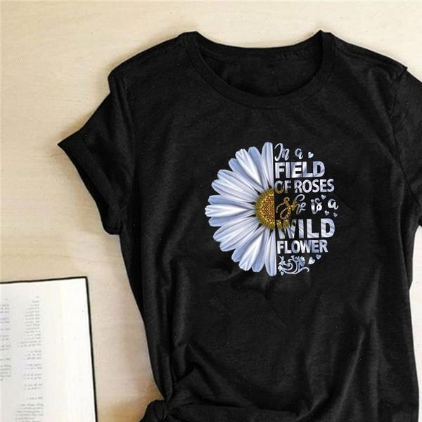 

field of womens t shirt roses wild flower letter printed women white sunflowers short sleeve summer clothes
