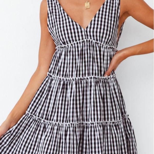 

charming dresses 2021 summer deep v open ba sleeveless plaid print for women, Black;gray