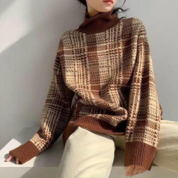 

women's sweaters plaid woman winter oversized pullovers knitted green sweater casual women turtleneck loose long sleeve poleras mujer, White;black