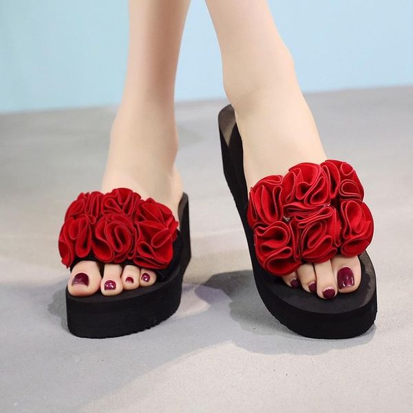

women slippers summer 2021 floral platfrom slides shoes woman casual black beach