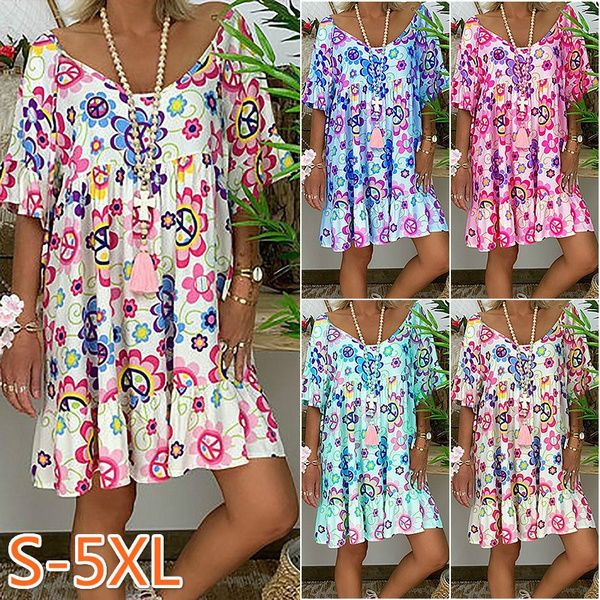 

summer women short sleeve round neck floral printed loose dress, Black