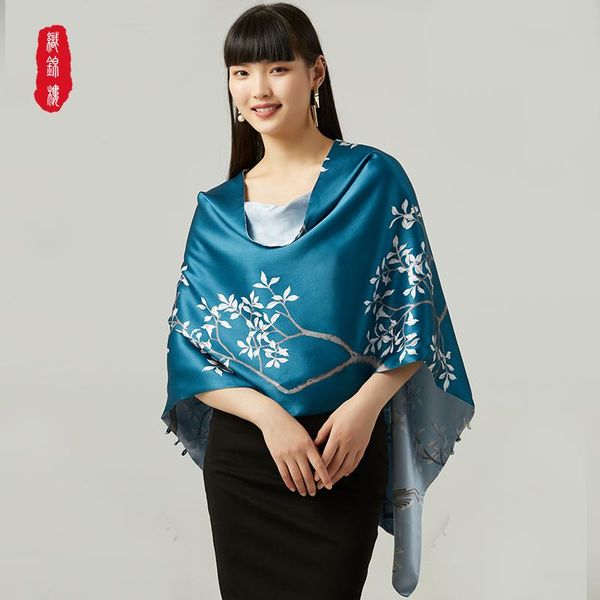 

scarves hangzhou silk brocade floor printed pure dish buckle pallium female mulberry scarf national wind, Blue;gray