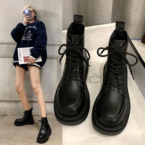 

boots flat platform lace up summer women's shoes round toe boots-women clogs lolita med rock 2021 ladies rubber autumn ankle lac, Black