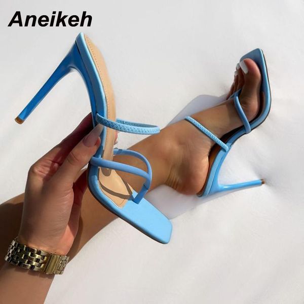 

aneikeh summer fashion shoes for women 2021 pu thin heels ladies thong slippers rome party shallow solid concise sweet, Black
