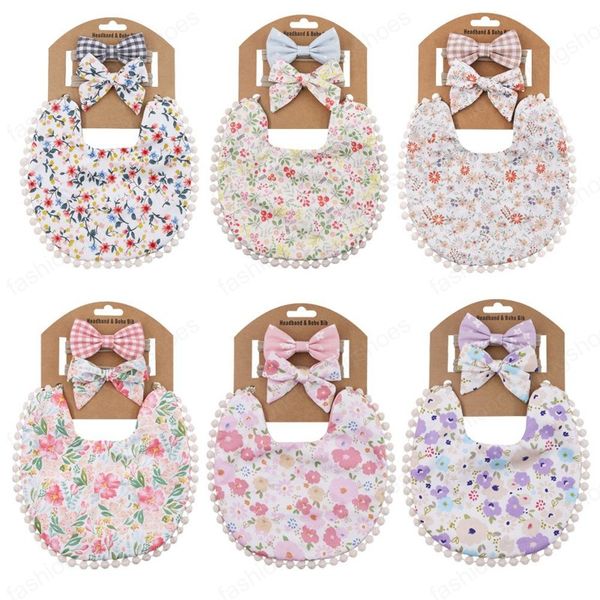 

ins floral bibs headband set infant toddler bandana burp cloths newborn baby girls boys linen cotton flower print saliva towel bib bow headw