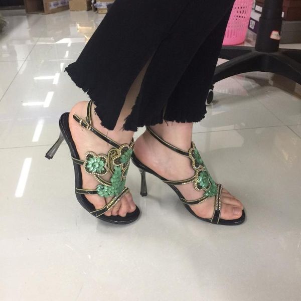 

luxury green rhinestone sandals ankle strap womens summer sandale femme ete, Black