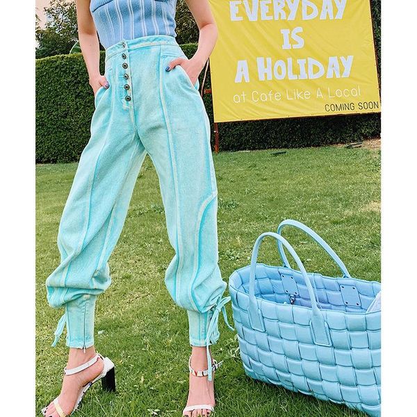 

women's jeans designer high street women summer spring denim empire trousers lace up pants fresh color punk sy074, Blue