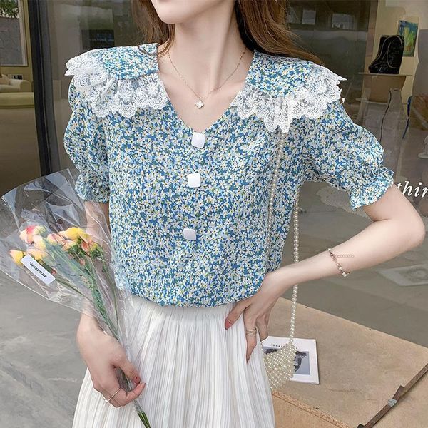 

women's blouses & shirts design sense: 2021 summer lace baby collar female sweet fashion floral chiffon shirt, White