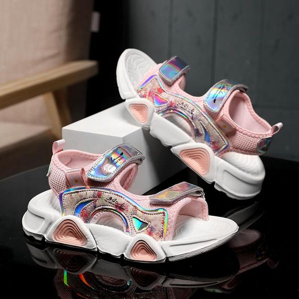 

sandals girls flats pink  to 12 years old little kids children open toe summer princess slide shoes with hook & loop strap, Black;red