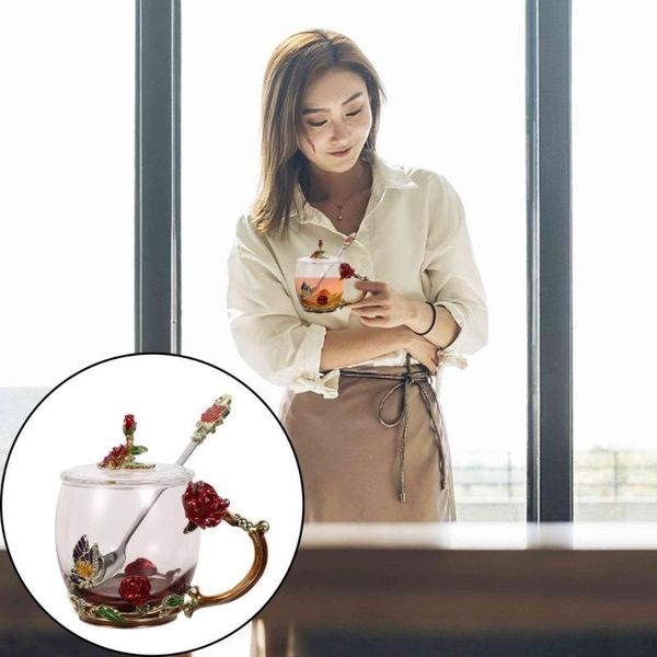 

mugs 1 set luxury rose enamel crystal cup flower tea glass water mug with spoon lid