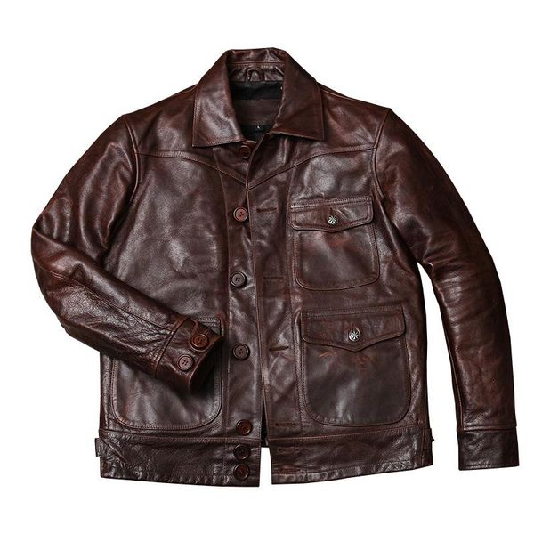 

men's leather & faux 2021 retro dark brown american casual style jacket single breasted large size xxxl genuine cowhide slim fit coat, Black