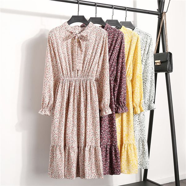

autumn spring women's dresses love collar floral chiffon pleated elastic waist female backing flare sleeve dress 210514, Black;gray