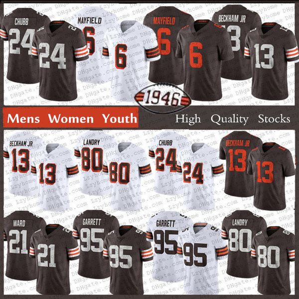 

men women youth kids 13 odell beckham jr 6 baker mayfield clevelands football jersey 24 nick chubb 95 myles garrett 21 denzel ward 80 jarvis, Black;red