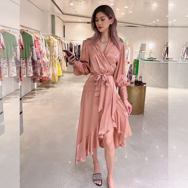 

women lantern sleeve % silk pink tied waist party dress, Black;gray