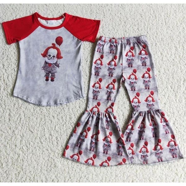 

clothing sets wholesale children halloween baby girls boutique red sleeves balloon set kid character bell-bottomed pants outfit1, White