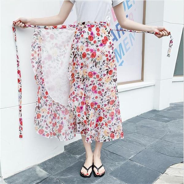 

floral impresiÃ³n falda de gasa mujer boho volantes r39asimÃ©tricos maxi larga playa faldas talla grande m-8xl skirts, Black