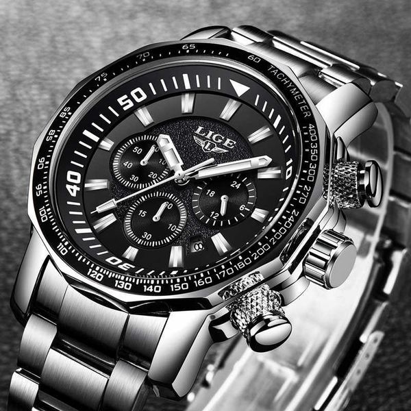 

lige mens watches brand luxury fashion quartz watch men full steel waterproof sport military watch relogio masculino+box 210527, Slivery;brown
