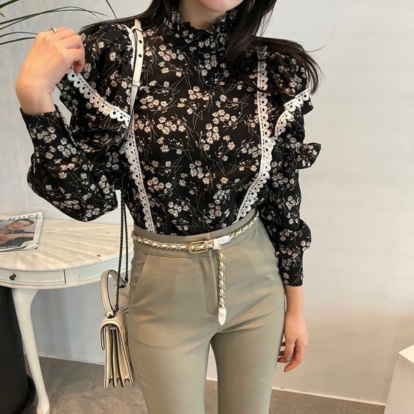 

blouses office lady florals stand female loose printed fashion all match streetwear blouses chic vintage lace shirts, White