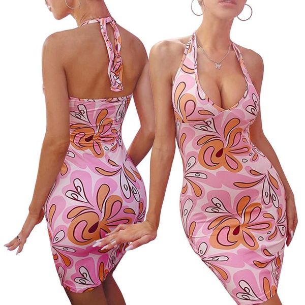 

casual dresses women halter bandage skinny dress flower printing backless short summer slim pencil, Black;gray